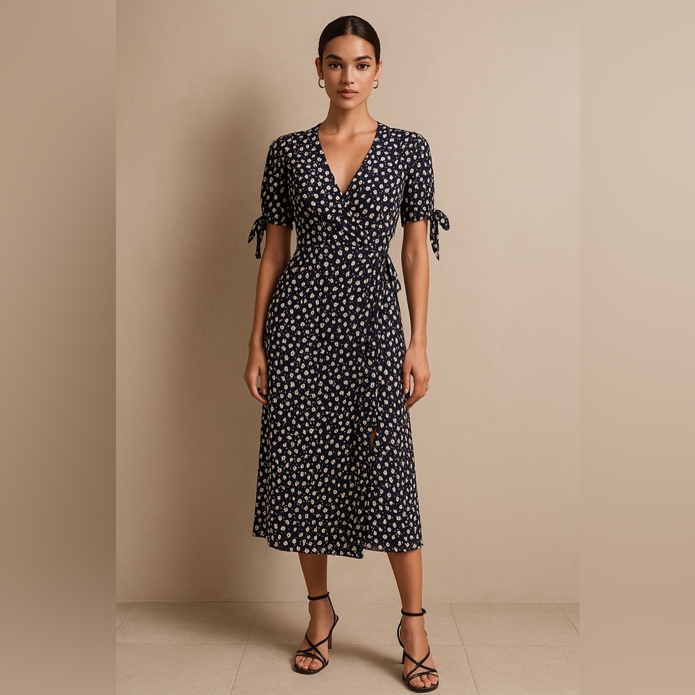Faithfull The Brand Navy Floral Wrap Midi Dress Small Boho Chic